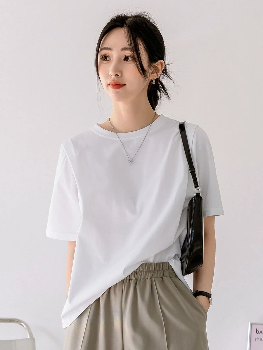Dazy-Less 纯色圆领T恤,复古风,夏季商务休闲女士工作服 - 白色 - 查看 1