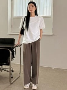 Dazy-Less 纯色圆领T恤，复古风，夏季商务休闲女士工作服 - 白色 - 查看 9