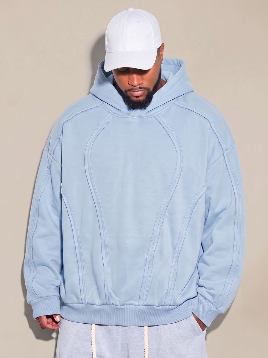 EASEVO Plus Size Men's Casual Daily Vacation Outdoor College Sports Patchwork Reverse Bone Hooded Sweatshirt - Baby Blue - View 1