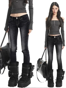 FRIFUL Quần jeans denim nữ phong cách hot girl thời trang, túi cài cúc, phong cách đường phố mùa thu - màu đen - Xem 1