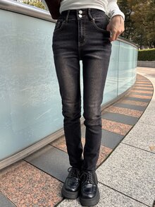FRIFUL Quần jeans denim nữ phong cách hot girl thời trang, túi cài cúc, phong cách đường phố mùa thu - màu đen - Xem 4