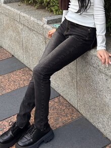 FRIFUL Quần jeans denim nữ phong cách hot girl thời trang, túi cài cúc, phong cách đường phố mùa thu - màu đen - Xem 2