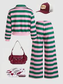 SHEIN 青少年女孩長袖抓絨秋季套裝 2件/組 返校季 酒紅色紐約字母圖案立領衛衣與長褲套裝 - 綠色 - 查看 2