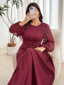 Modelyn Plus Size Elegant Lantern Sleeves Pleated Lace Fabric Asymmetric High-End Pleated Evening GownAutumn/Winter High-End Outfitdinner Date Claret, Party - Burgundy - View 8