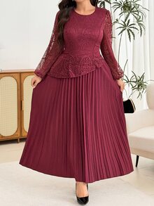 Modelyn Plus Size Elegant Lantern Sleeves Pleated Lace Fabric Asymmetric High-End Pleated Evening GownAutumn/Winter High-End Outfitdinner Date Claret, Party - Burgundy - View 5