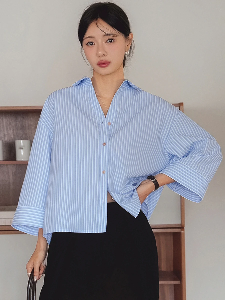 Dazy-Less Loose Fit Casual Business Minimalist Striped 3/4 Sleeve Women Shirt - Blue - View 1