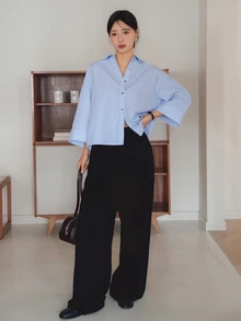 Dazy-Less Loose Fit Casual Business Minimalist Striped 3/4 Sleeve Women Shirt - Blue - View 3