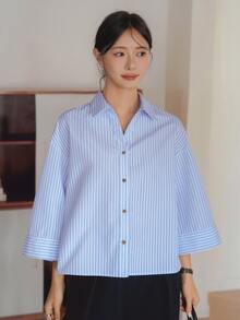 Dazy-Less Loose Fit Casual Business Minimalist Striped 3/4 Sleeve Women Shirt - Blue - View 5
