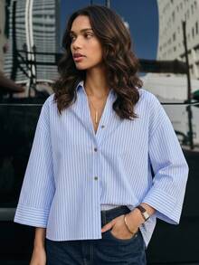 Dazy-Less Loose Fit Casual Business Minimalist Striped 3/4 Sleeve Women Shirt - Blue - View 8