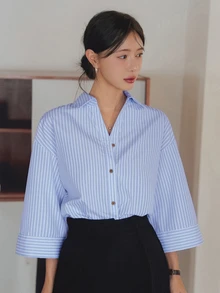 Dazy-Less Loose Fit Casual Business Minimalist Striped 3/4 Sleeve Women Shirt - Blue - View 2