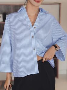 Dazy-Less Loose Fit Casual Business Minimalist Striped 3/4 Sleeve Women Shirt - Blue - View 10