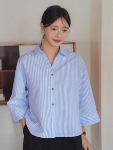 Dazy-Less Loose Fit Casual Business Minimalist Striped 3/4 Sleeve Women Shirt - Blue - View 7