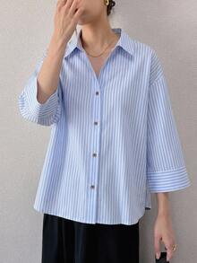 Dazy-Less Loose Fit Casual Business Minimalist Striped 3/4 Sleeve Women Shirt - Blue - View 9