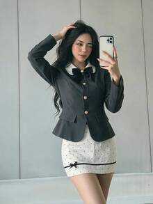 SHEIN ICON Women's Academy Style Peter Pan Collar Blazer And Polka Dot Skirt Suit Set - Grey - View 3