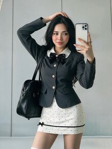 SHEIN ICON Women's Academy Style Peter Pan Collar Blazer And Polka Dot Skirt Suit Set - Grey - View 5