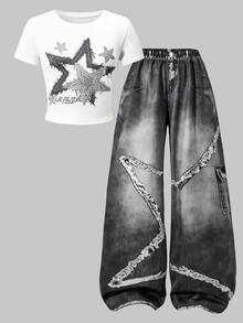 SHEIN [Denim Effect] 青少年女孩 2件組 短袖星星印花圓領T恤 & 牛仔效果印花寬腿褲，休閒時尚夏季套裝 - 白色 - 查看 5