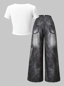 SHEIN [Denim Effect] 青少年女孩 2件組 短袖星星印花圓領T恤 & 牛仔效果印花寬腿褲，休閒時尚夏季套裝 - 白色 - 查看 4