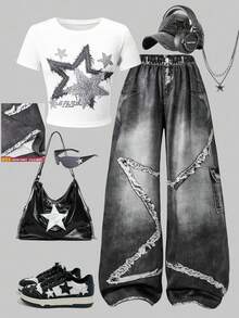 SHEIN [Denim Effect] 青少年女孩 2件組 短袖星星印花圓領T恤 & 牛仔效果印花寬腿褲，休閒時尚夏季套裝 - 白色 - 查看 2