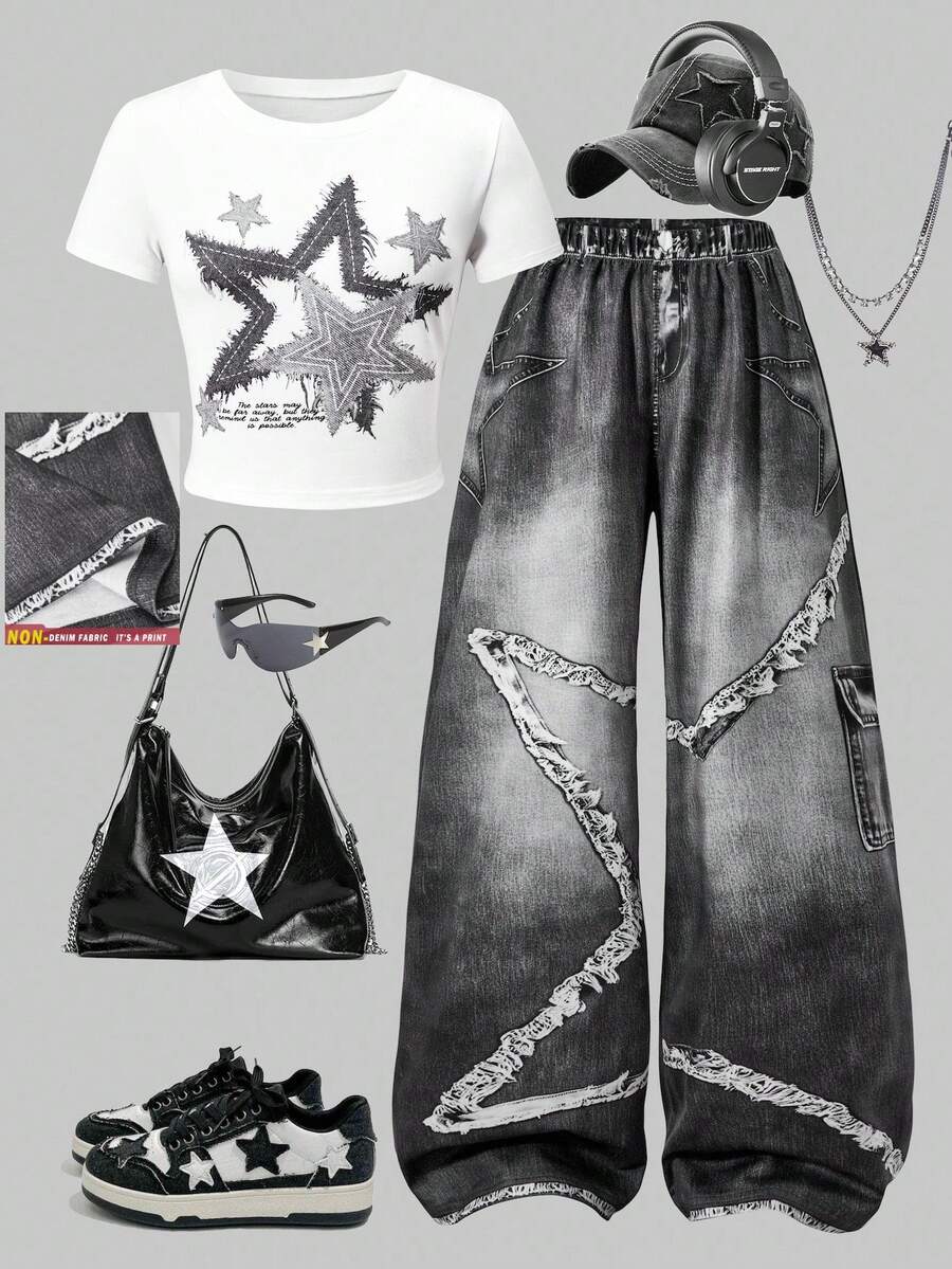 SHEIN [Denim Effect] 青少年女孩 2件組 短袖星星印花圓領T恤 & 牛仔效果印花寬腿褲，休閒時尚夏季套裝