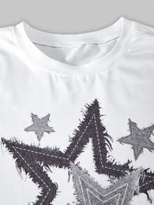 SHEIN [Denim Effect] 青少年女孩 2件組 短袖星星印花圓領T恤 & 牛仔效果印花寬腿褲，休閒時尚夏季套裝 - 白色 - 查看 8