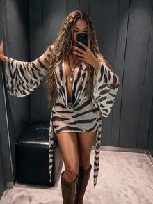 Amplova Romantic Sexy Vacation Beige Low-Cut Draped Neckline Bell Sleeve Bodycon Mini Dress Club Night Out Autumn - Brown - View 3