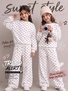 SHEIN 青少年女孩兒童波點印花運動衫套裝，寬鬆圓領運動衫 + 短褲，時尚初秋新品，休閒街頭風，適合返校季及更多場合 - 杏色 - 查看 7