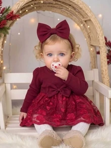 SHEIN 2pcs Gaun Tutu Bayi Perempuan Elegan Burgundy Bergaris Motif Bunga Renda Pita Lengan Panjang Leher Bulat Ukuran Reguler Musim Gugur Elegan Chic Liburan Ikat Kepala - Merah - View 2