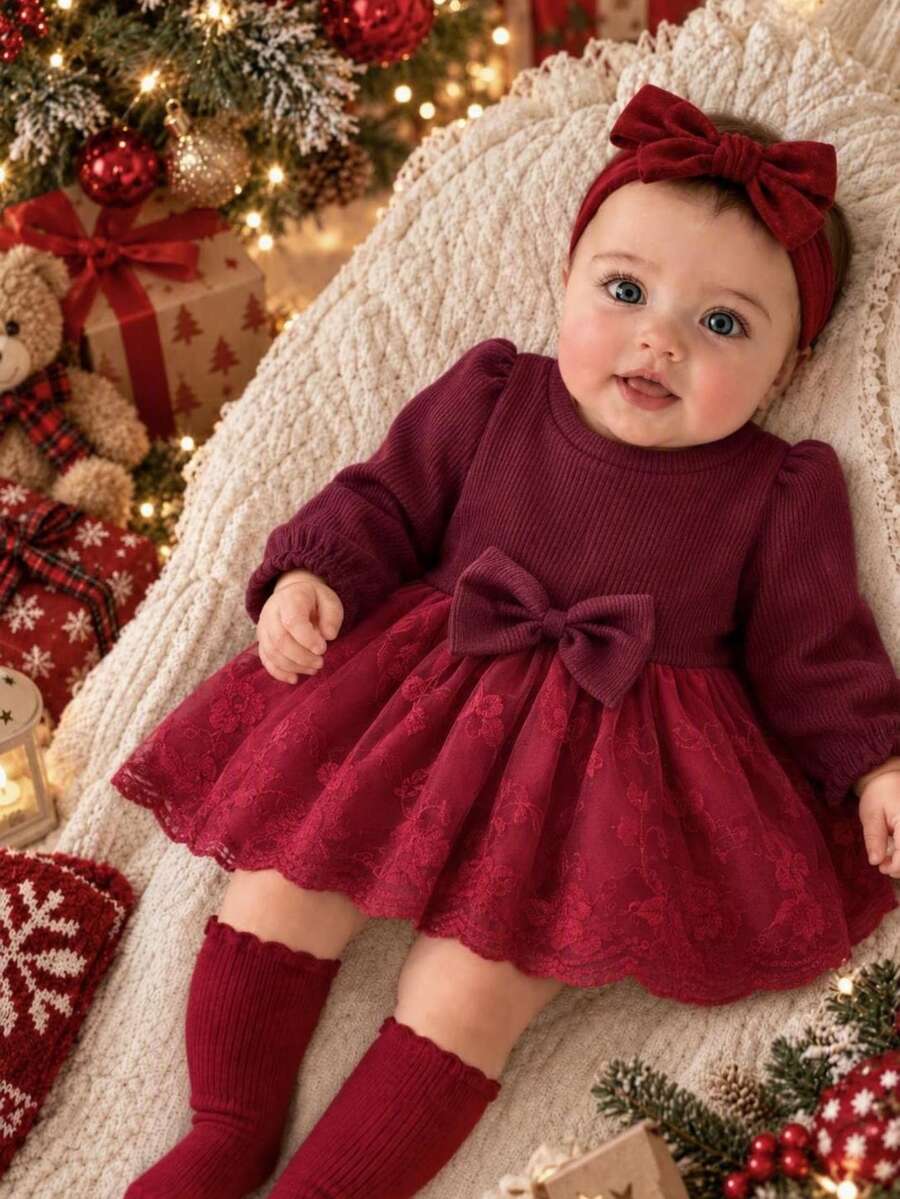 SHEIN 2pcs Gaun Tutu Bayi Perempuan Elegan Burgundy Bergaris Motif Bunga Renda Pita Lengan Panjang Leher Bulat Ukuran Reguler Musim Gugur Elegan Chic Liburan Ikat Kepala - Merah - View 1