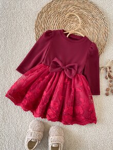 SHEIN 2pcs Gaun Tutu Bayi Perempuan Elegan Burgundy Bergaris Motif Bunga Renda Pita Lengan Panjang Leher Bulat Ukuran Reguler Musim Gugur Elegan Chic Liburan Ikat Kepala - Merah - View 6