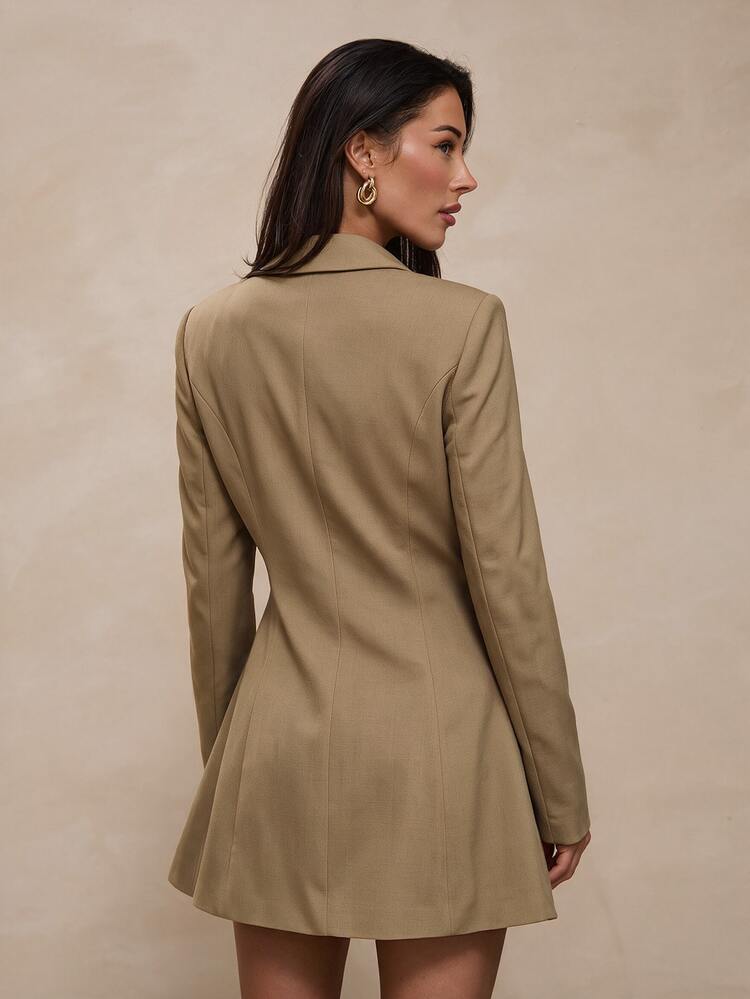Glamine Women's Khaki Autumn BusinessCasual Blazer,Solid Color Lapel Collar Long SleeveCinched Waist Front Button Shoulder Pad Lined OfficeWear Blazer - Brown - View 2