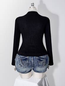 SHEIN ICON Women's Plus Size Autumn/Winter Retro Sexy Millennial Style Y2K Everyday Simple Casual V-Neck Lace Patchwork Black Brushed Ribbed T-Shirt - Black - View 2