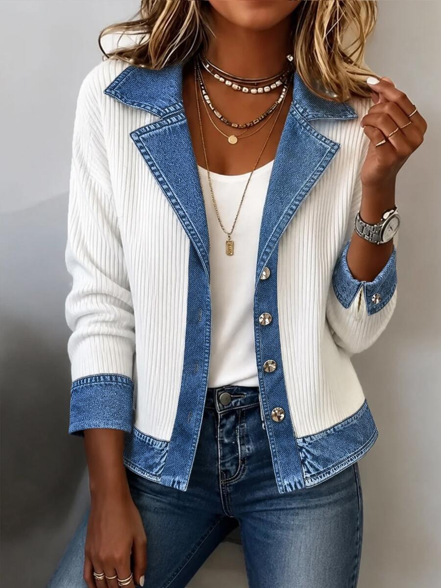 Louniche Autumn Clothes For Women Blue And White Colorblock Ribbed Knit Lapel Button Front Loose Shacket Everyday Casual Street - White - View 1