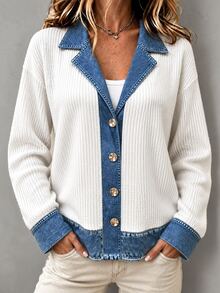 Louniche Autumn Clothes For Women Blue And White Colorblock Ribbed Knit Lapel Button Front Loose Shacket Everyday Casual Street - White - View 5