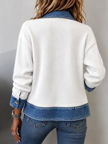 Louniche Autumn Clothes For Women Blue And White Colorblock Ribbed Knit Lapel Button Front Loose Shacket Everyday Casual Street - White - View 2