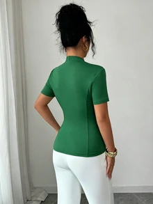 Elenzga Women's Casual Elegant Tropical V-Neck Single-Breasted Fitted T-Shirt, Solid Color, Suitable For Daily Commute, Summer Office Green - Dark Green - View 2