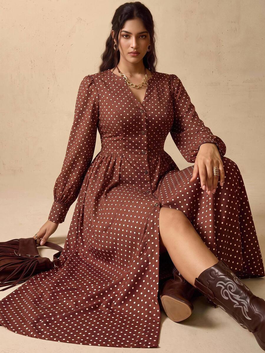 Nubod Gaun Elegan Wanita Ukuran Plus Motif Polkadot Lengan Lentera Kancing Tunggal untuk Musim Gugur - Coffee Brown - View 1