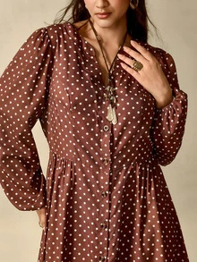 Nubod Gaun Elegan Wanita Ukuran Plus Motif Polkadot Lengan Lentera Kancing Tunggal untuk Musim Gugur - Coffee Brown - View 6