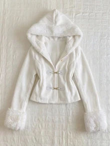 Sweetra Women's Autumn/Winter Wool Blend Patchwork Plush Long Sleeve Coat - White - View 3
