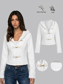 Sweetra Women's Autumn/Winter Wool Blend Patchwork Plush Long Sleeve Coat - White - View 1