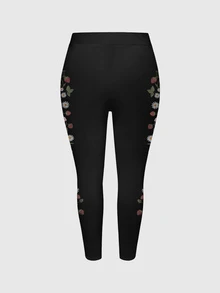 ROMWE Goth Plus Size Women Floral Print Casual Versatile Daily Wear Tight Leggings - Black - View 3