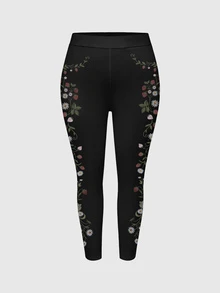 ROMWE Goth Plus Size Women Floral Print Casual Versatile Daily Wear Tight Leggings - Black - View 2