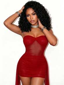 BamGleam Women's Solid Color Strapless Fitted Dress With Ribbon Design, For Party Club Night And Gathering Burgundy Red Summer Rave - Red - View 6