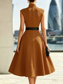 SHEIN 女款高領水滴鏤空領口貼身通勤洋裝 - 棕色 - 查看 3