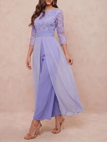 Amorya Women's New Elegant Textured Jacquard Patchwork Chiffon Flowy Jumpsuit, Suitable For Parties And Multiple Occasions - Purple - View 6