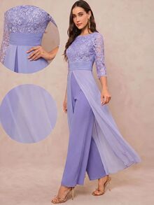 Amorya Women's New Elegant Textured Jacquard Patchwork Chiffon Flowy Jumpsuit, Suitable For Parties And Multiple Occasions - Purple - View 3