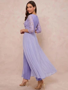 Amorya Women's New Elegant Textured Jacquard Patchwork Chiffon Flowy Jumpsuit, Suitable For Parties And Multiple Occasions - Purple - View 4