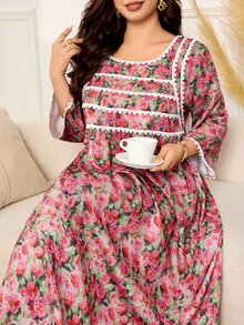 Lacomfia Plus Size Loose Fit Bamboo Linen Printed Fabric Dress With Patchwork Lace On Front Panel And Cuffs, Casual Style For Spring And Summer Daily Wear - Multicolor - View 4