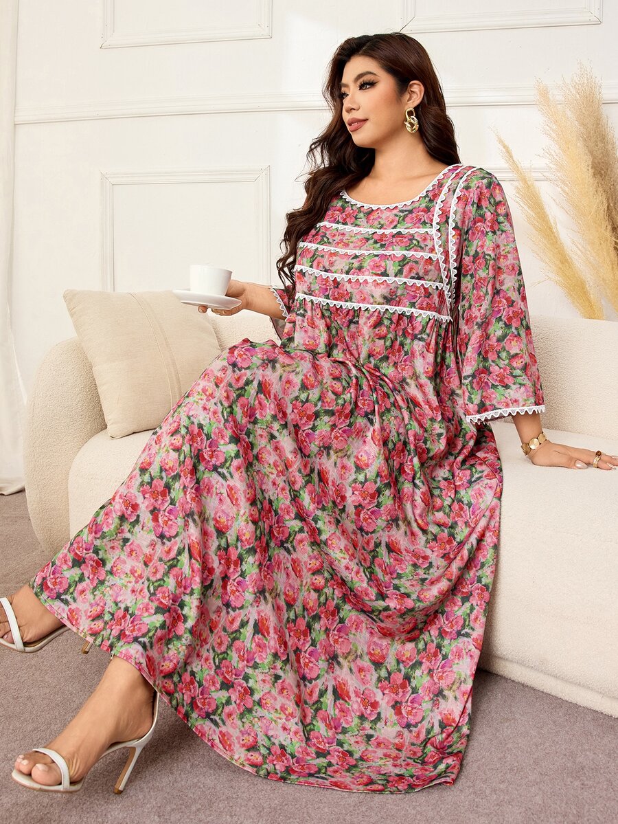 Lacomfia Plus Size Loose Fit Bamboo Linen Printed Fabric Dress With Patchwork Lace On Front Panel And Cuffs, Casual Style For Spring And Summer Daily Wear - Multicolor - View 1
