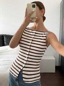 Siren Gaze 女款條紋羅紋針織方領單排扣開襟無袖背心，修身貼身休閒百搭上衣，適合日常穿著與外出 - 杏色 - 查看 4