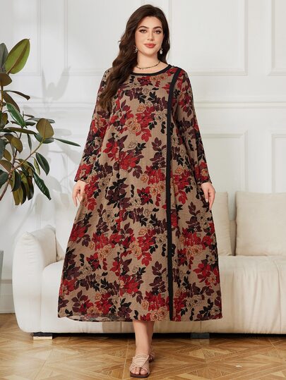 Lacomfia Vintage Style Voile Print Plus Size Dress Fall Cloth For Women